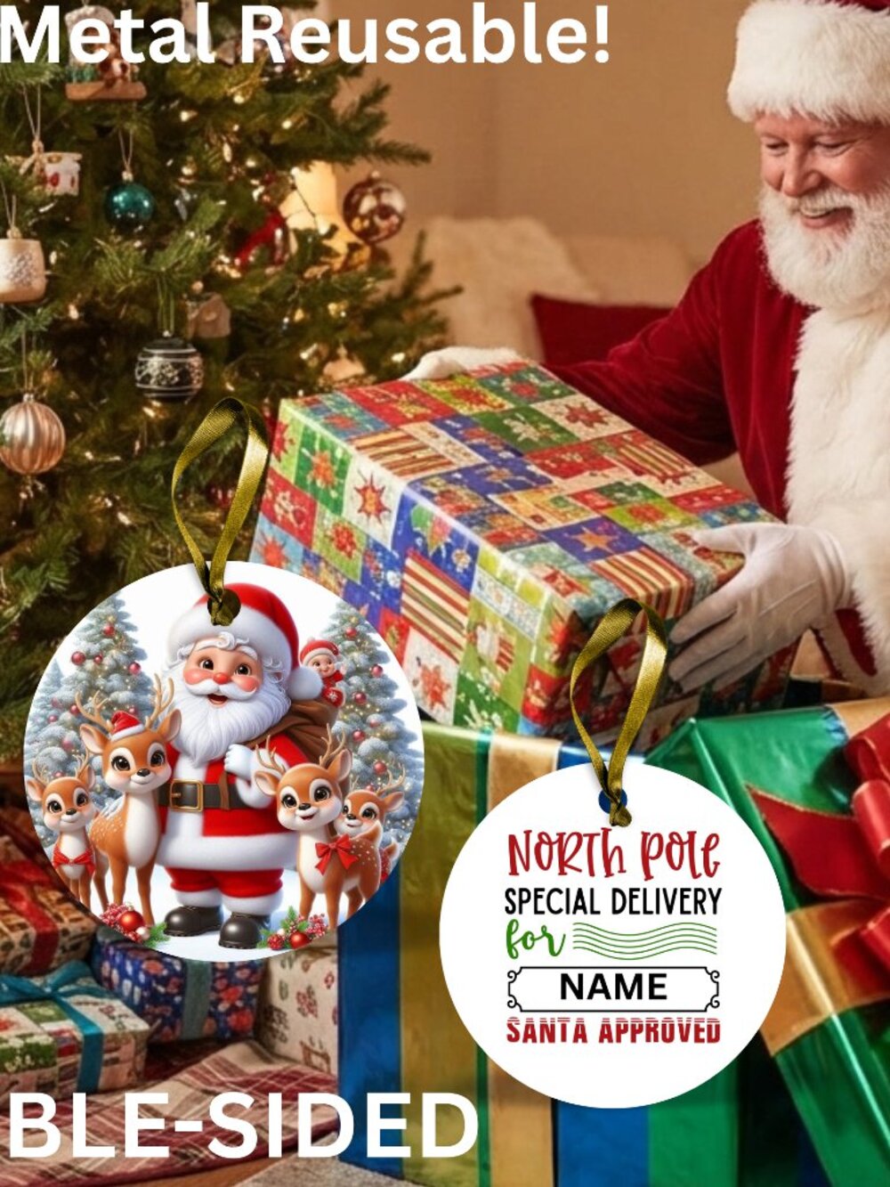 Santa Reusable Metal Christmas Tag Personalized.